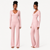Ensemble deux pièces côtelé en maille à col en V pour femme, coupe ample, pantalon droit, collection automne – Direct Fabricant