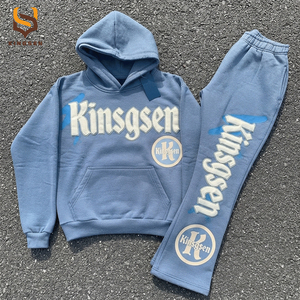 Custom 3D Embroidered Patch Sweatsuits Fleece Tracksuit Set <b>Oversized</b> Cotton Joggers Flared <b>Sweatpants</b> and Hoodie Set Men - Product Image 3