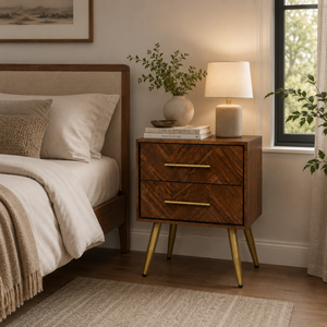 High Quality Wooden <b>Bedside</b> <b>Table</b> 2 Drawer Nightstand Chevron Design OEM ODM Custom Supplier Direct Supply Furniture - Product Image 1