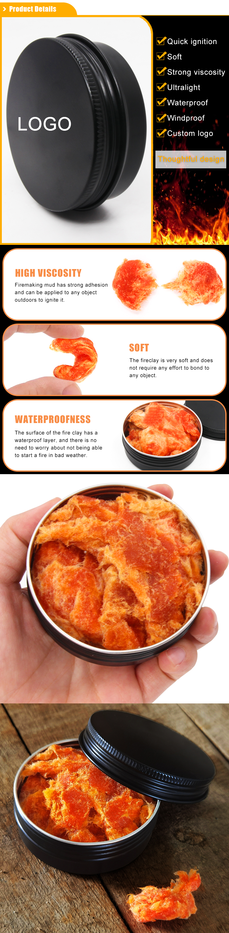 Baiyuheng Easy Light Tinder Fire Plugs Waxed Cotton mud Camping Paraffin Swab Emergency Tinder Waxed Fire Starter for Emergency