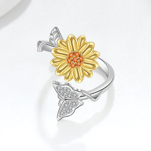 Rotating Flower Open <b>Rings</b> Butterfly Micro Insert Zircon Copper Gold Plated Designer <b>Stress</b> Relief Jewelry For Women - Product Image 4