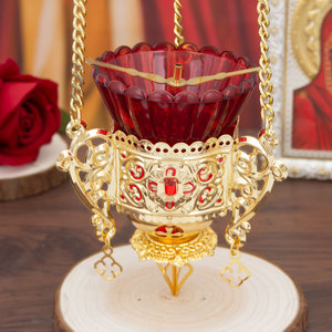 Turibolo Dorato da Chiesa Ortodossa con Finiture in Pietre Preziose e Set <span class=keywords><strong>Calice</strong></span> in Vetro Rosso Decorazione per Altare Rituale Bruciatore di Incenso Vaso Sacro - Product Image 1