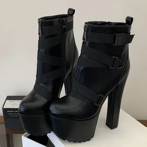 Punk-Style Reißverschluss Plateau-Stiefeletten für Damen Mode Stretch-Gürtelschnalle Ultra Hohe Feste Rutschfeste Nachtclub-Stiefel - Product Image 3