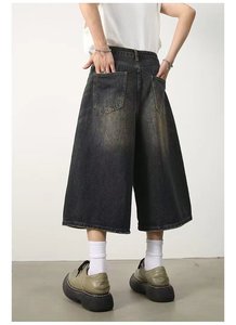 <span class=keywords><strong>Short</strong></span> en <span class=keywords><strong>jean</strong></span> vintage de haute qualité pour <span class=keywords><strong>homme</strong></span>, <span class=keywords><strong>jean</strong></span> baggy à jambes larges, motif uni, style décontracté, anti-rides et écologique - Product Image 4