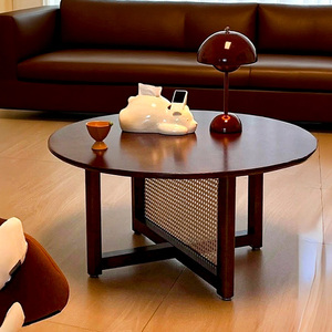 Solid Wood Coffee <b>Table</b> Round With Rattan Panel Living Room <b>Sofa</b> <b>Table</b> Modern Minimalist Style - Product Image 5