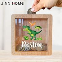 Tirelire en bois et en verre au design de dinosaure mignon avec motifs pour l'épargne des enfants et la décoration de la maison