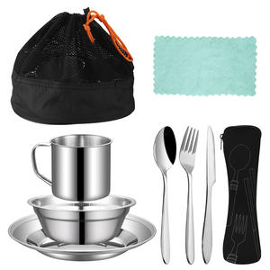 Set peralatan makan stainless steel, untuk berkemah luar ruangan, set piring Tunggal + cangkir portabel - Product Image 1