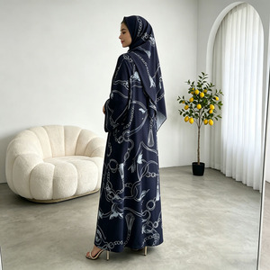 Ensemble Abaya de Luxe à Imprimé Chaîne pour Femme, Robe Musulmane Bleu Marine, Kimono Ouvert avec Hijab, Style Dubaï - Product Image 6