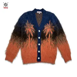 Custom New Listing Coconut Tree V-Neck Pattern Mohair Fabric Men Cardigan Sweater