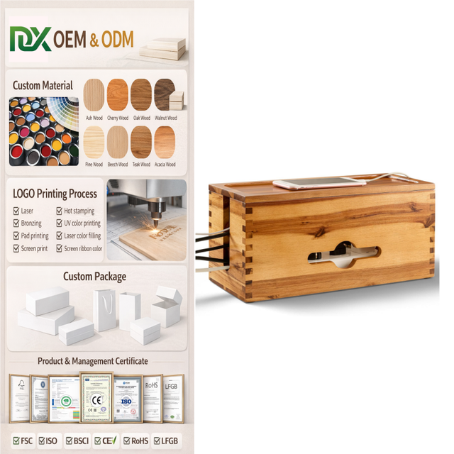 Solid Wood Cable Management Box, Bamboo Cord Organizer for Office Desk Accessories, Power Strip Enclosure & Wire Hider