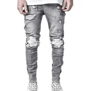 Bike Jeans Ripped Patch Black And Grey Mens Skinny Jeans Custom Tapered Mens Stretch Jeans