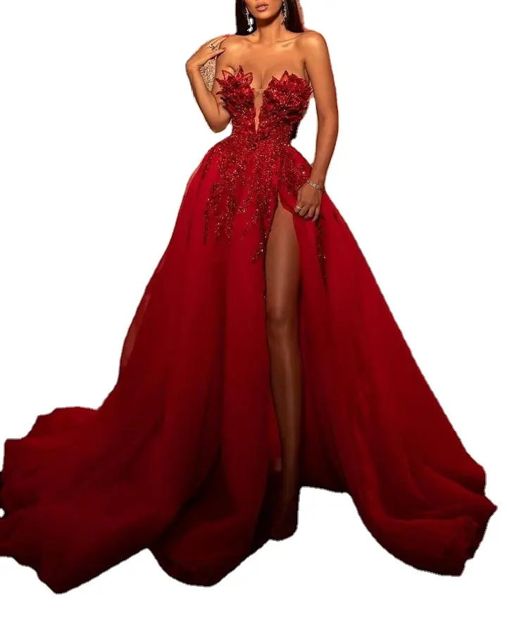 Limanying Supply Red Embroidered Sequins Split one-shouldered Formal Evening Dress For Women
