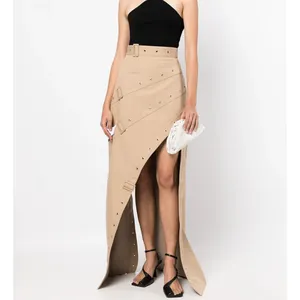 OEM High-quality Asymmetrical Design Perforated Decoration Slit Hem Fashion Casual Long Half Skirt For Women