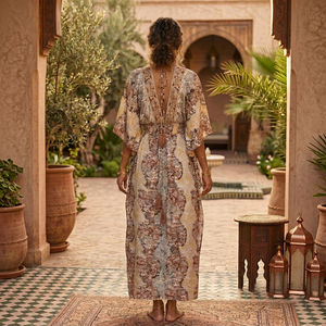 Robe d'été Y2K Bohème Col V en Soie de Sari Indien Tissée Lavable Taille Unique Imprimé Paisley Doux Naturel Décontractée Longueur Ras du Sol - Product Image 2