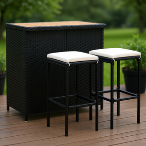 Ensemble de bar en polyrotin noir, 3 pièces, meubles de bar d'extérieur, tabourets de bar rectangulaires modernes et durables avec cadre en métal et coussins - Product Image 2