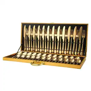 Custom Brass Gift Box Wedding Premium Flatware 48pcs Gold Silverware Durable Spoon Fork And Knife Stainless Steel Cutlery Set