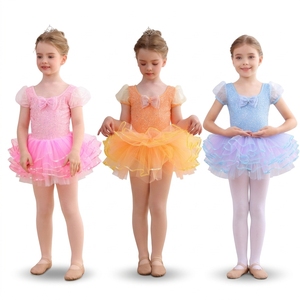 Robe de tutu de ballet pour enfants à manches courtes à paillettes, avec nœud décoratif, jupe en tulle à volants, costume de danse pour filles pour spectacle sur scène - Product Image 3