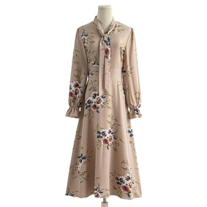 Floral Printing <strong>Beautiful</strong> Dress Bow Stand Collar Breathable Long Dress Modest Robe Muslim Women Dubai <strong>Abaya</strong> - Product Image 3