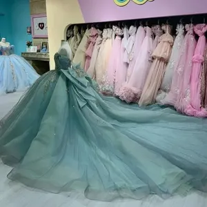 Abito da ballo per feste di compleanno, con spalle scoperte, applicazioni e perline, Vestidos De 15 Anos, Sweet 16, <span class=keywords><strong>verde</strong></span> <span class=keywords><strong>menta</strong></span>, <span class=keywords><strong>abiti</strong></span> da Quinceañera MQ726 - Product Image 2