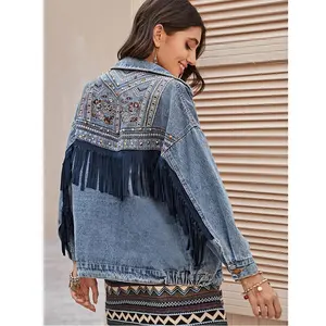 Fashion Summer Tassel Embroidery Jeans Coats Custom Streetwear Studded Fringe Trim Denim Jacket For Women