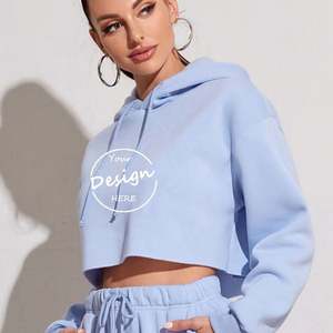 OEM Pull à capuche décontracté personnalisé surdimensionné pour femme en éponge française Pull à épaules tombantes Broderie à ourlet brut Haut court à capuche uni pour femmes - Product Image 1