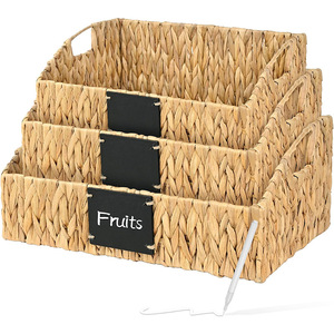 Water Hyacinth Woven <b>Storage</b> <b>Basket</b> Rectangle Beige With Chalkboard Label For Fruits And Cosmetics Desktop Organizer - Product Image 1