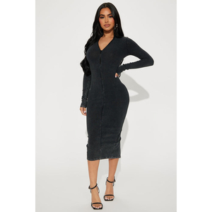 Venta caliente <span class=keywords><strong>de</strong></span> tamaño personalizado lavado Midi cuello en V manga larga cremallera frontal mujeres <span class=keywords><strong>cortavientos</strong></span> vestido casual - Product Image 2