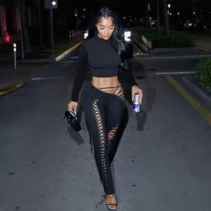 Y0563 Herbst und Winter Neues Damen-Langarm-Oberteil Sexy Hollow Out Strap Tight Pants Zweiteiliges Set - Product Image 2