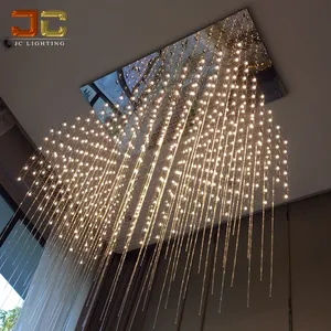 Stainless silver frame large square led chandelier light cubic custom-made pendant chandelier with crystal rods for lobby