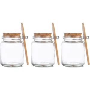 Small Jar Bamboo Wood Lid 8oz Glass Salt Storage Jar With Spoon For Kitchen High Quality Wholesale Clear Glass Jar with Wooden