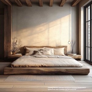Lit double en bois massif d'orme ancien, style moderne et silencieux, grand lit original pour hôtel, villa, tatami pour chambre et gîte - Product Image 4