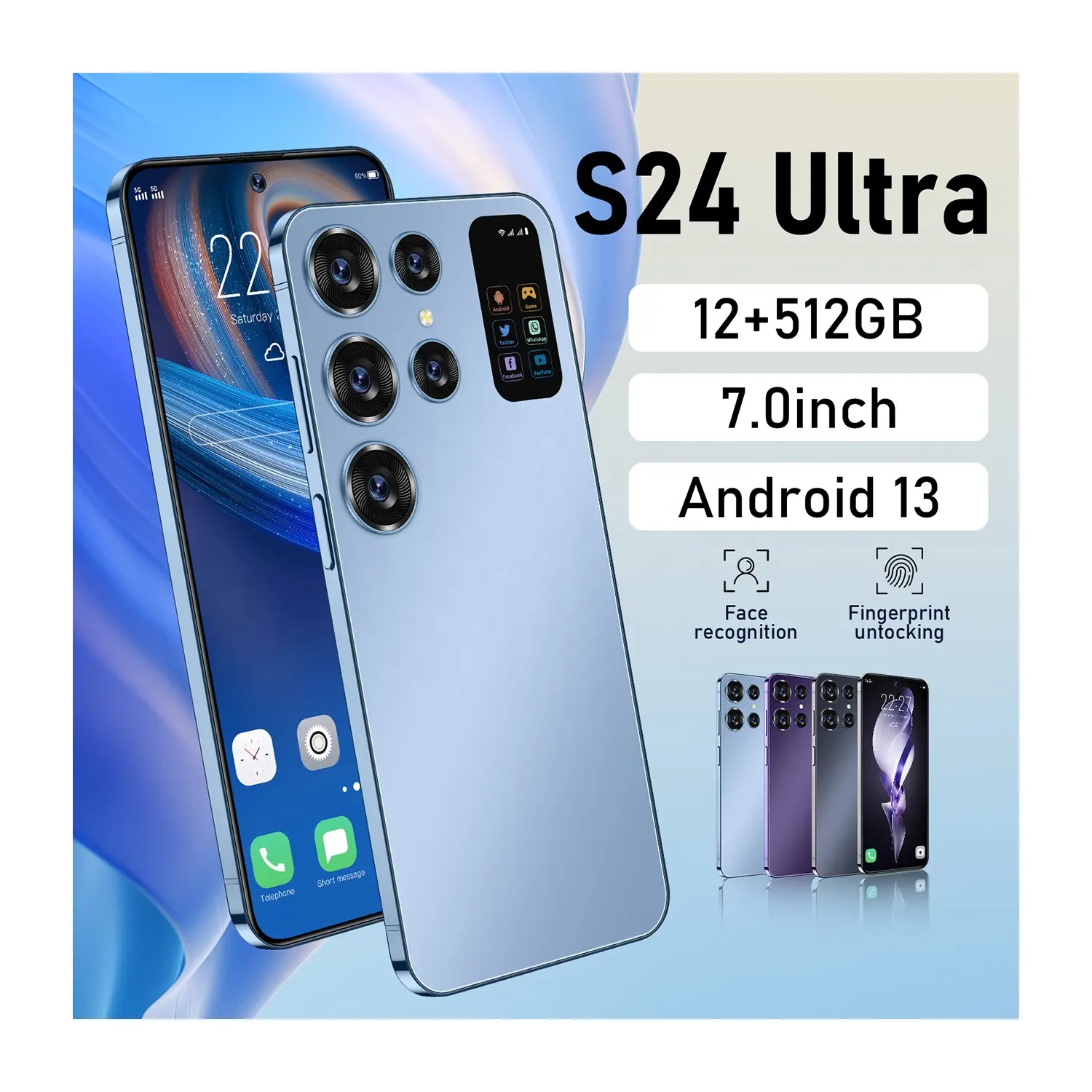 Vendita calda S24 ULTRA originale 7.3 pollici 12GB + 512GB 48MP + 72MP faccia sblocco full Display Android 12 cellulare Smart Phone cellulare