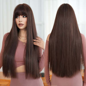 Peluca de Fibra Sintética Resistente al Calor de 28 Pulgadas, Extra Larga, Lisa, con Flequillo para Mujer, Color Rubio Miel, Aspecto Natural, Sin Pegamento - Product Image 6