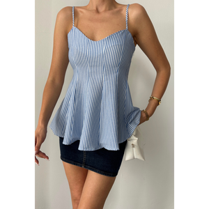 Blusa de Gasa a Rayas Azules con Tirantes Estilo Oblea, Detalle de Encaje Oscuro, Talla XL, Sin Cuello, Estilo Casual para Primavera, Verano y Otoño - Product Image 4