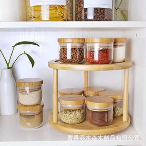 Étagère à épices double couche en bambou, organisateur de rangement de cuisine rond en bois massif, conteneur à épices à 2 niveaux, organisation de bureau - Product Image 1
