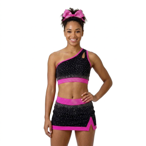 Conjunto de Uniforme de Porristas Personalizado con Pedrería, Top de Un Hombro Negro y Rosa, Falda de Spandex y Poliéster, Ropa de Competición para Adultos, Venta al Por Mayor - Product Image 1