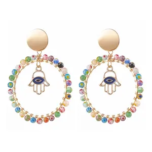 Pandahallpandahall Millefiori Glass Beads And Ear Nuts Ring With Hamsa Hand & Eye Alloy Enamel Dangle Stud Earrings