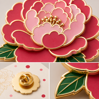 Broche 3D en émail souple Pivoine, Fleur rose chinoise à bordure dorée, Bijou du Festival du Printemps CNY, Épingle de revers, Badge métallique personnalisé, Vente en gros