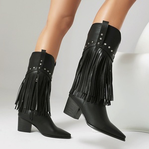 Nouvelles Bottes en Cuir à Pompons pour Femme 2025, Noires et Marron, à Bout Carré, Montantes, Rehaussantes, Chaudes pour l'Automne et l'Hiver - Product Image 1