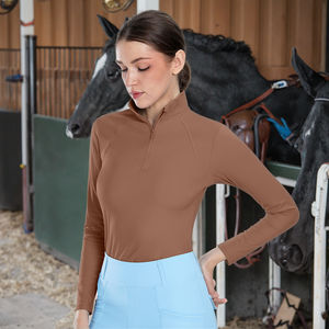 Camiseta de equitación para mujer, color marrón, media cremallera, tejido elástico en 4 direcciones, para equitación. - Product Image 1