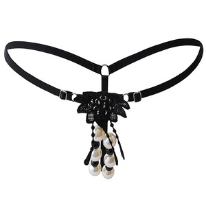 Tanga para mujer de talla grande, color negro y blanco, con cuentas, de fibra de poliéster tejida, solo lavar a mano. - Product Image 5