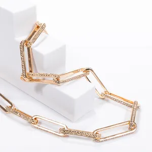 New fashion wholesale paper clip chain with paved stone gold plating chunky necklace jewelry for women