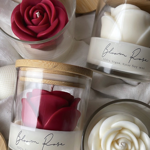 Glass Jar Bamboo Lid 3D Rose Flower Scented Soy Candle Hand‑poured Aromatherapy Home Fragrance Gift - Product Image 3