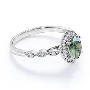 Anillo de compromiso de oro rosa de 18 quilates Ovate Natural blanco lechoso dendrítico musgo verde ágata Moissanite Pave Halo hermoso anillo de bodas - Product Image 6