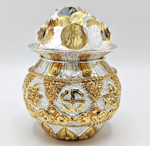 Traditional Gold-Plated Handmade Artistic Antique Religious Eco-Friendly Durable Kalash Resin Coin Hindu Deity <b>Mandir</b> Home - Product Image 3