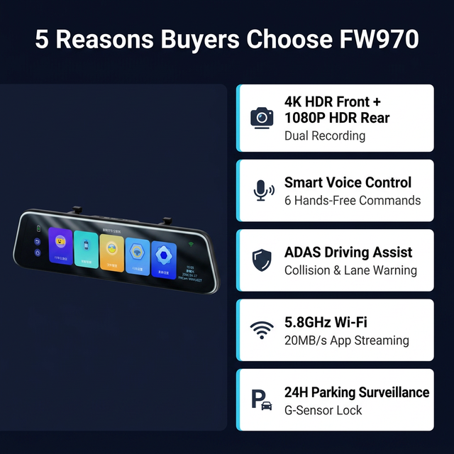 DASH CAM 4K HDR Dashcam Smart Rearview Mirror 11.8 Inch 1080P Rear ADAS GPS 5.8GHz WiFi Loop Rec 24H Parking OEM CE FCC Fast App