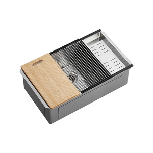 Fregadero de Cocina de Acero Inoxidable con Tabla de Cortar de Bambú y Rejilla, Estación de Trabajo Multifuncional, Lavabo Rectangular de Una Sola Pieza - Product Image 1
