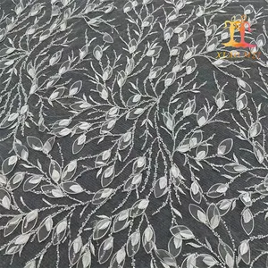 高端100% 涤纶手工工艺3D花式叶子刺绣新娘串珠薄纱蕾丝面料XM-BF0847