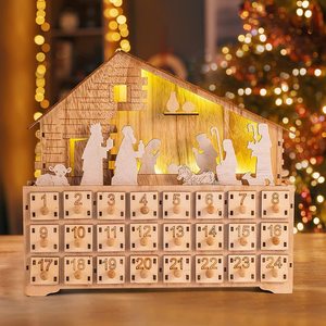 Calendrier De L'Avent En Bois Lumineux LED - 24 Tiroirs, Décor Arbre Et Rennes, Décoration Festive De Noël
