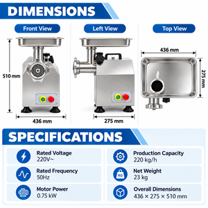 Picadora de Carne Eléctrica Comercial de 750W, Picadora de Carne de Acero Inoxidable, Máquina de Moler de Alta Resistencia de 220kg/h para Restaurantes - Product Image 2